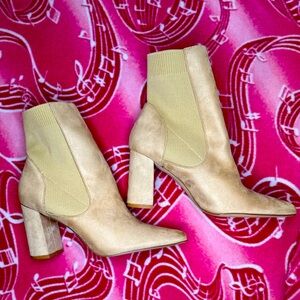 Beige Suede Pointed Toe 3 1/2” Block Heel Booty